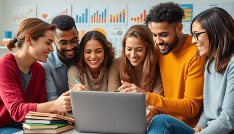 A diverse group of people collaborating around a laptop, sharing ideas with books and digital devices in a minimalist modern learning environment.