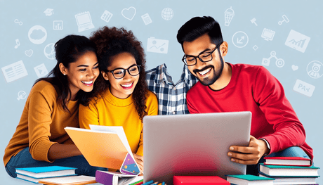 A diverse group of individuals gathered around a laptop, enthusiastically participating in an online course, with colorful educational materials scattered aroun