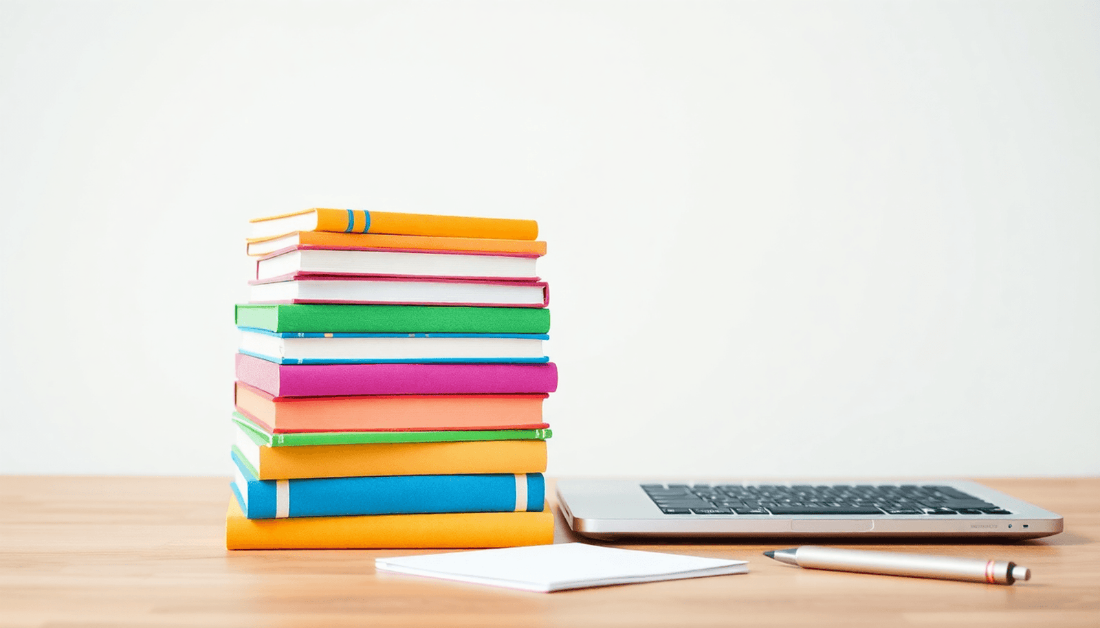A stack of colorful educational books next to an open laptop, with a notepad and pen, set against a bright, inviting background symbolizing modern learning.