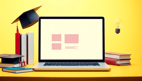 A laptop showing an online course platform, surrounded by books, a graduation cap, and a light bulb, set against a bright, inviting minimalist background.