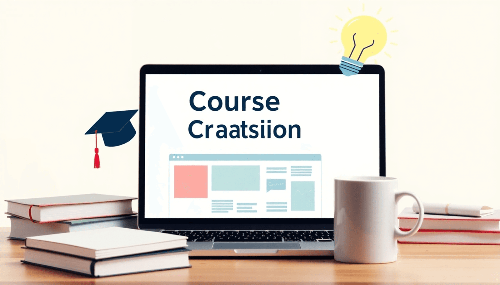 A minimalist workspace featuring a laptop displaying course materials, surrounded by books and a coffee cup, with a graduation cap and light bulb symbolizing on