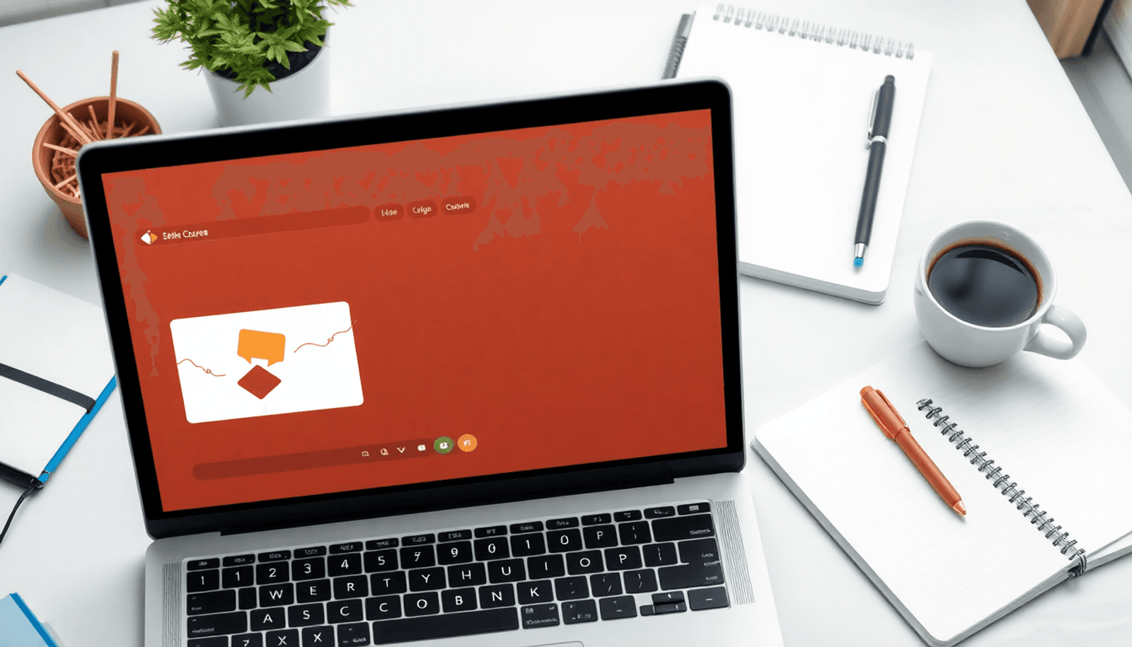 A modern workspace with a laptop showing an online course, surrounded by notebooks, pens, and a coffee cup.