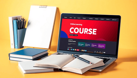 Minimalist workspace with laptop, books, and open notebook displaying an online course interface, symbolizing learning and personal growth.