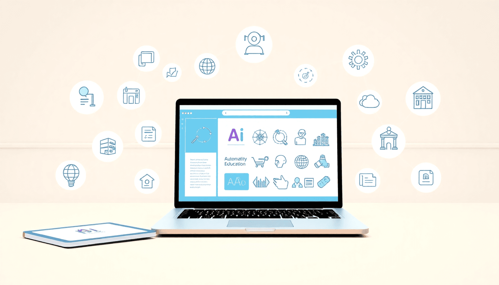 Modern digital classroom with laptop and tablet showing AI content, surrounded by icons of automation, scalability, and efficiency in a bright, minimalist desig