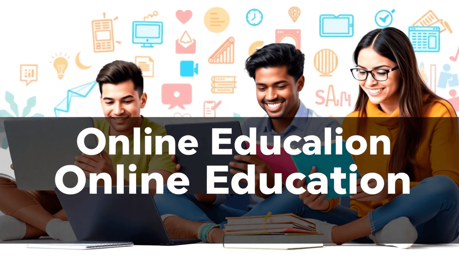 A diverse group of students engaged in online learning with laptops and tablets, surrounded by books and educational materials in a minimalist setting.
