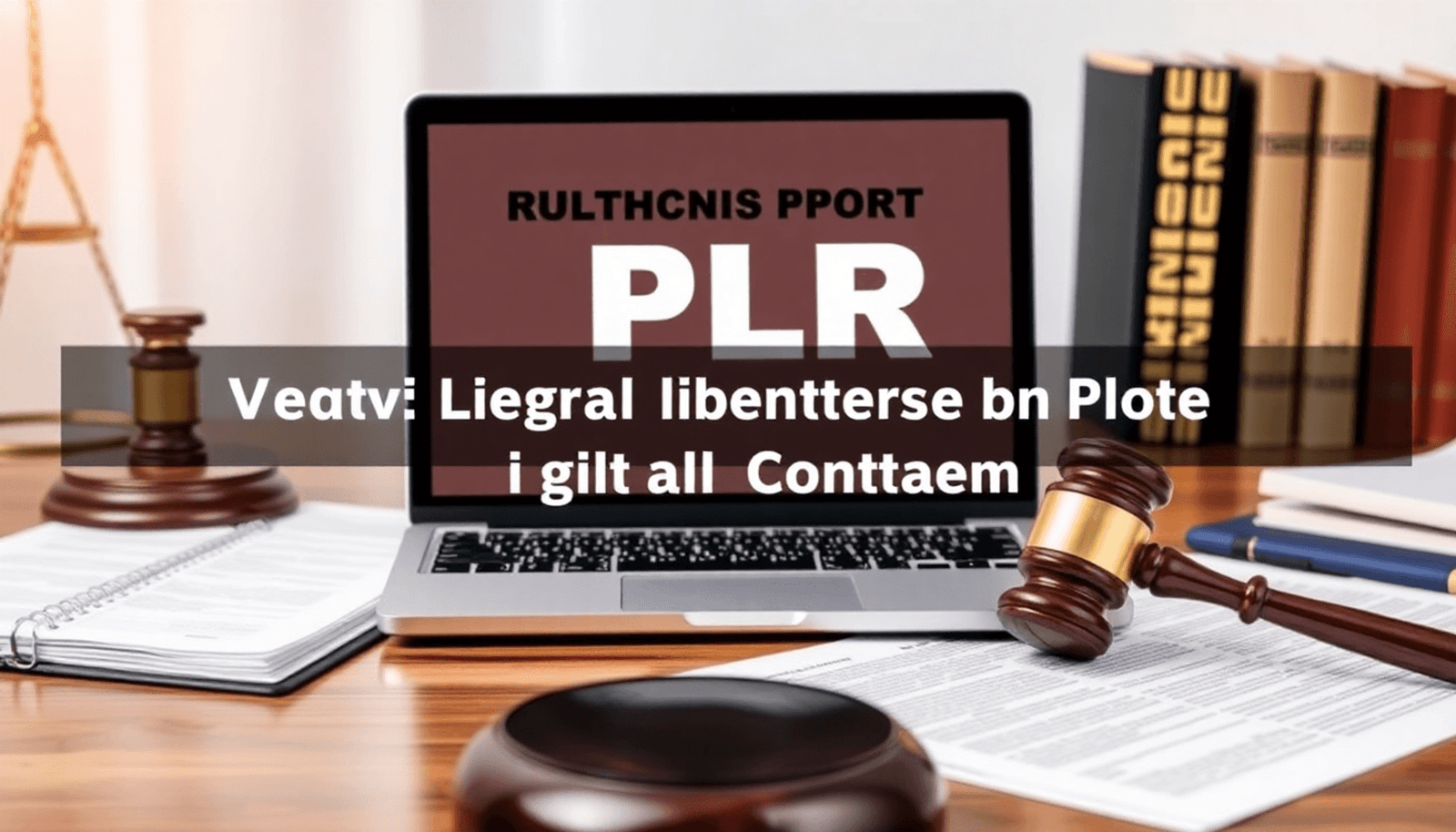 A laptop showing digital content on a desk with legal documents and a gavel nearby, representing legal aspects of digital content creation.