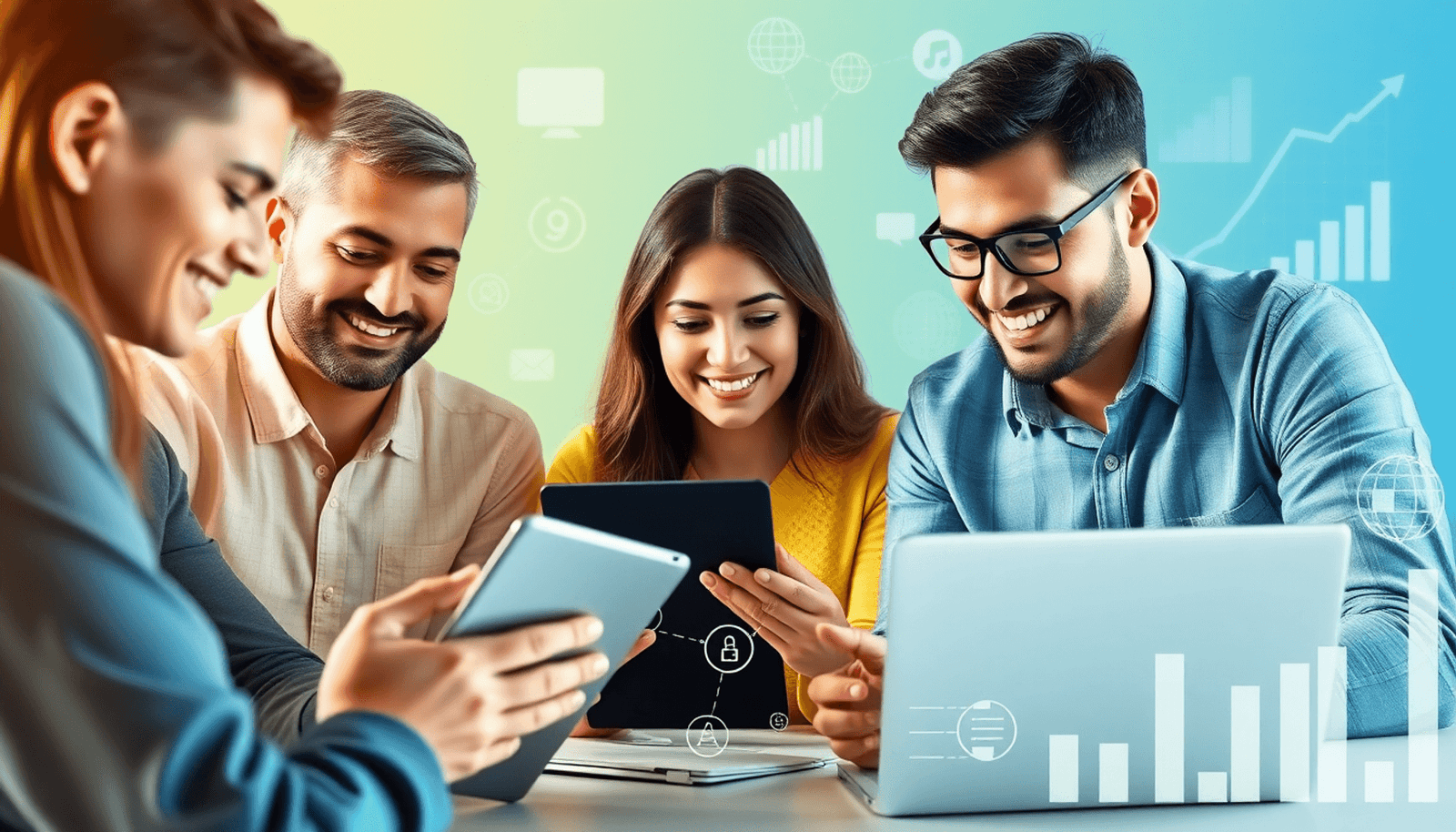 A group of entrepreneurs collaborating with laptops and tablets, surrounded by icons of online courses, affiliate networks, and growth charts.