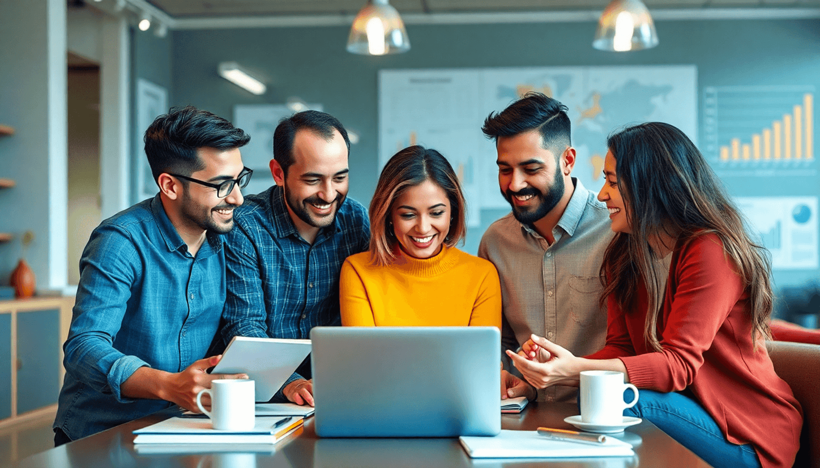 A diverse group of people collaborating around a laptop in a modern setting, surrounded by notebooks and coffee cups, emphasizing online education and teamwork.