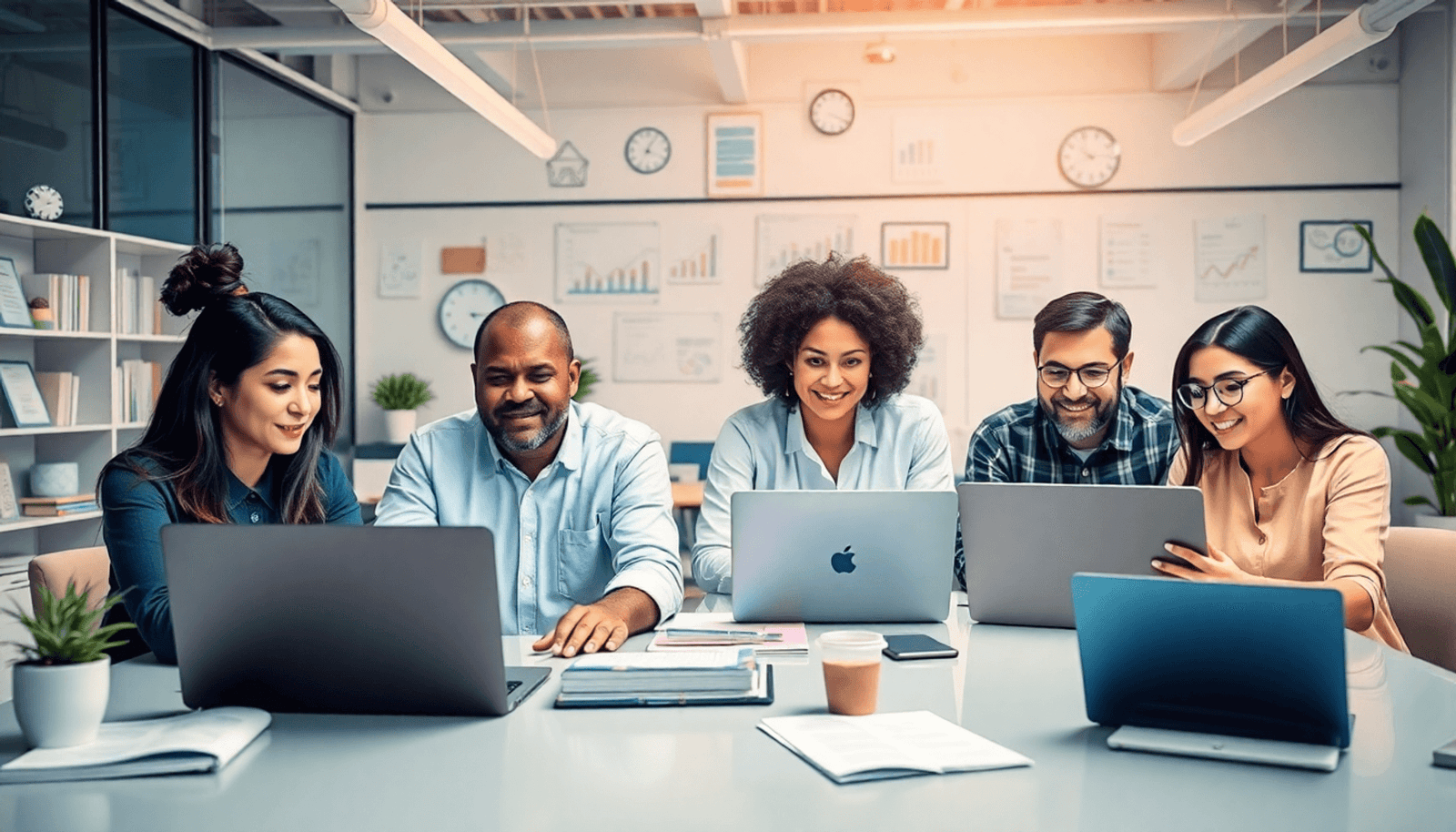 A diverse group of people working on laptops in a modern workspace, surrounded by symbols of online learning like books and charts, conveying innovation and col