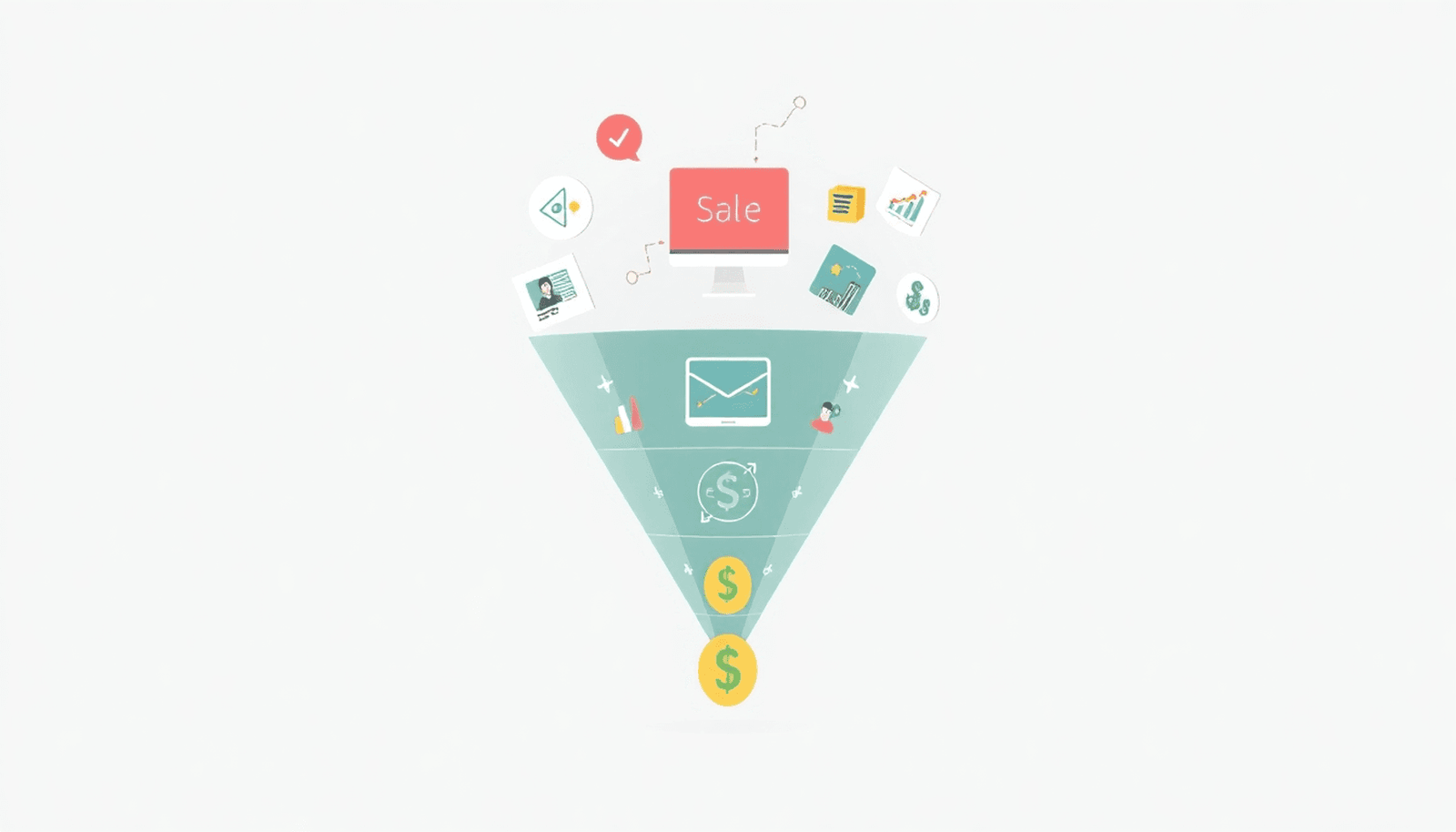Illustration of a modern digital sales funnel with icons for online courses, marketing, and money flow on a clean, professional background.
