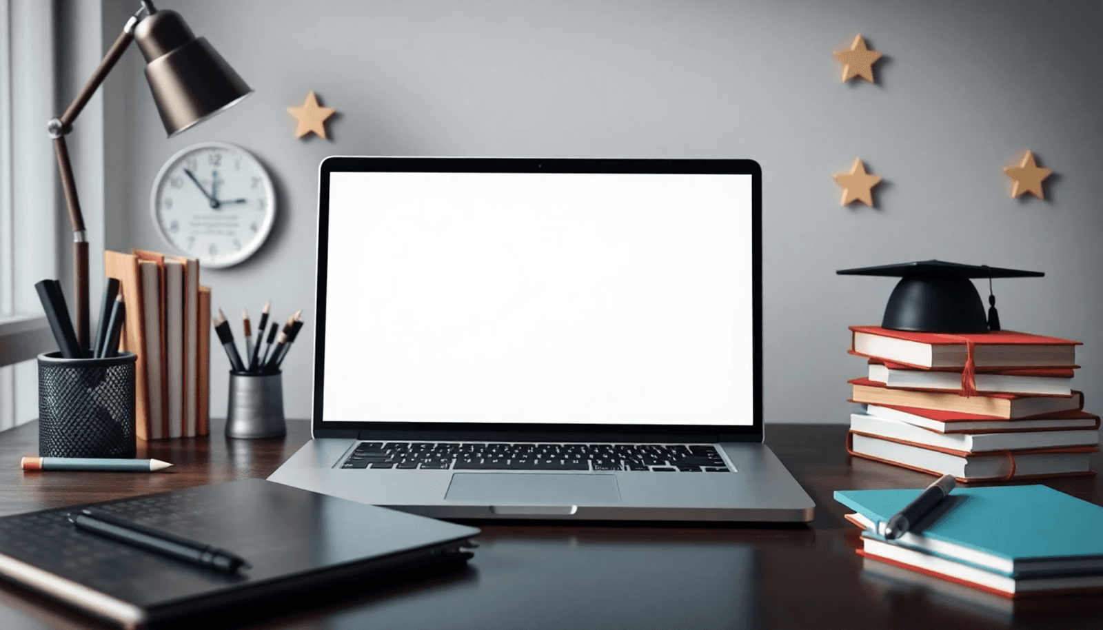 A modern digital workspace with a laptop, notebooks, and educational icons like books and graduation caps, symbolizing online learning and course creation.
