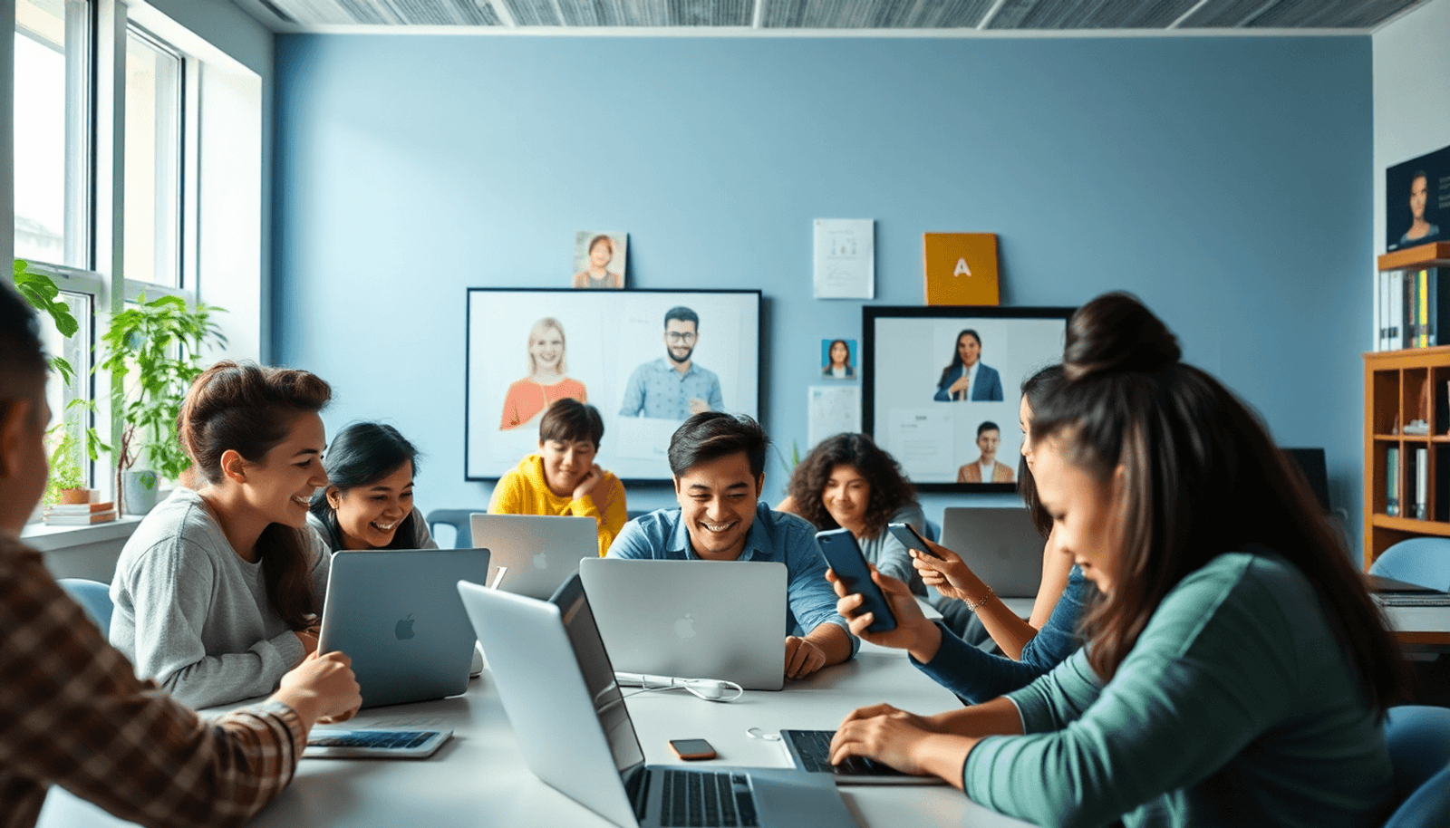 Students engaging and collaborating in a vibrant, welcoming virtual classroom using laptops and mobile devices.