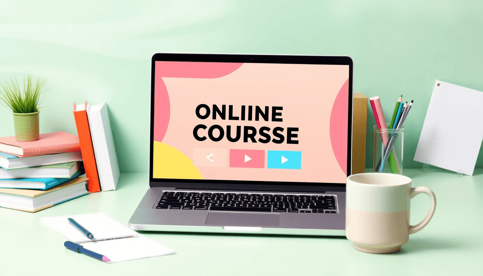 A laptop displaying educational content, surrounded by books, notes, and a coffee cup, set against a bright and inviting minimalist background.