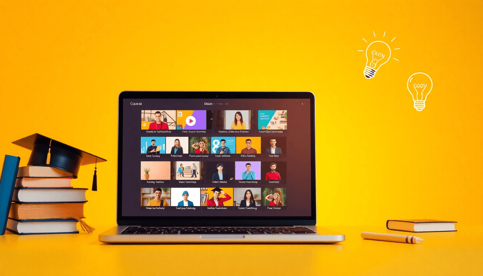 A laptop shows online course thumbnails, surrounded by books, a graduation cap, and a light bulb, all set against a bright, inviting background in a minimalist