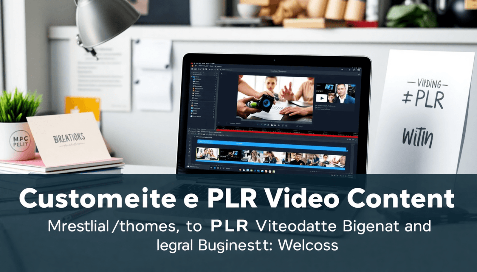 A modern workspace with a laptop showing video editing software, surrounded by notes and branding materials for customizing video content.