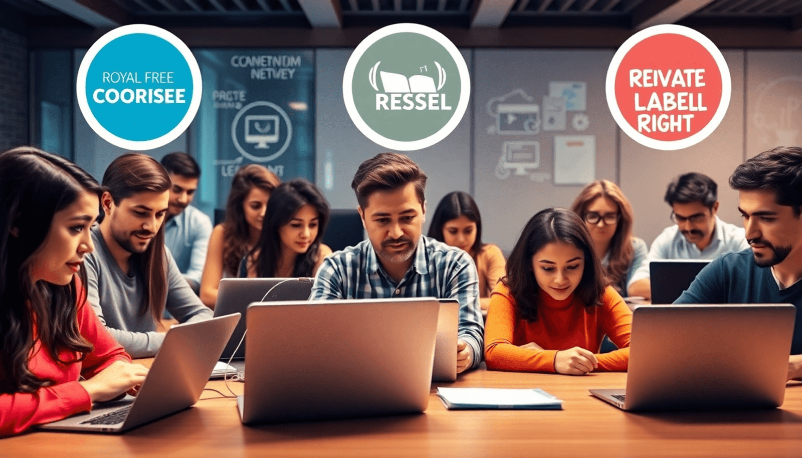 A vibrant digital classroom with people using laptops and tablets, surrounded by icons of licensing types on a modern tech-inspired background.