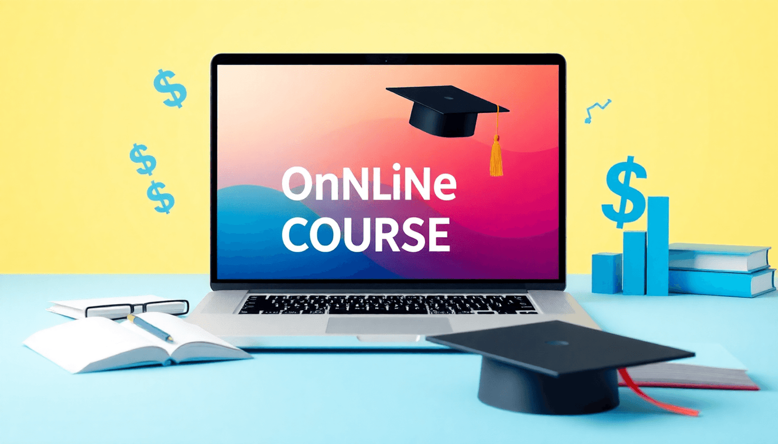 A laptop showing an online course platform, surrounded by books, a graduation cap, and marketing symbols like dollar signs and graphs, set against a bright, inv