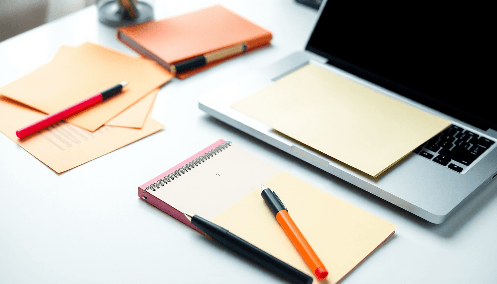 A laptop and notepad on a desk, surrounded by colorful PLR content documents, pens, and highlighters, creating a creative and minimalist workspace.
