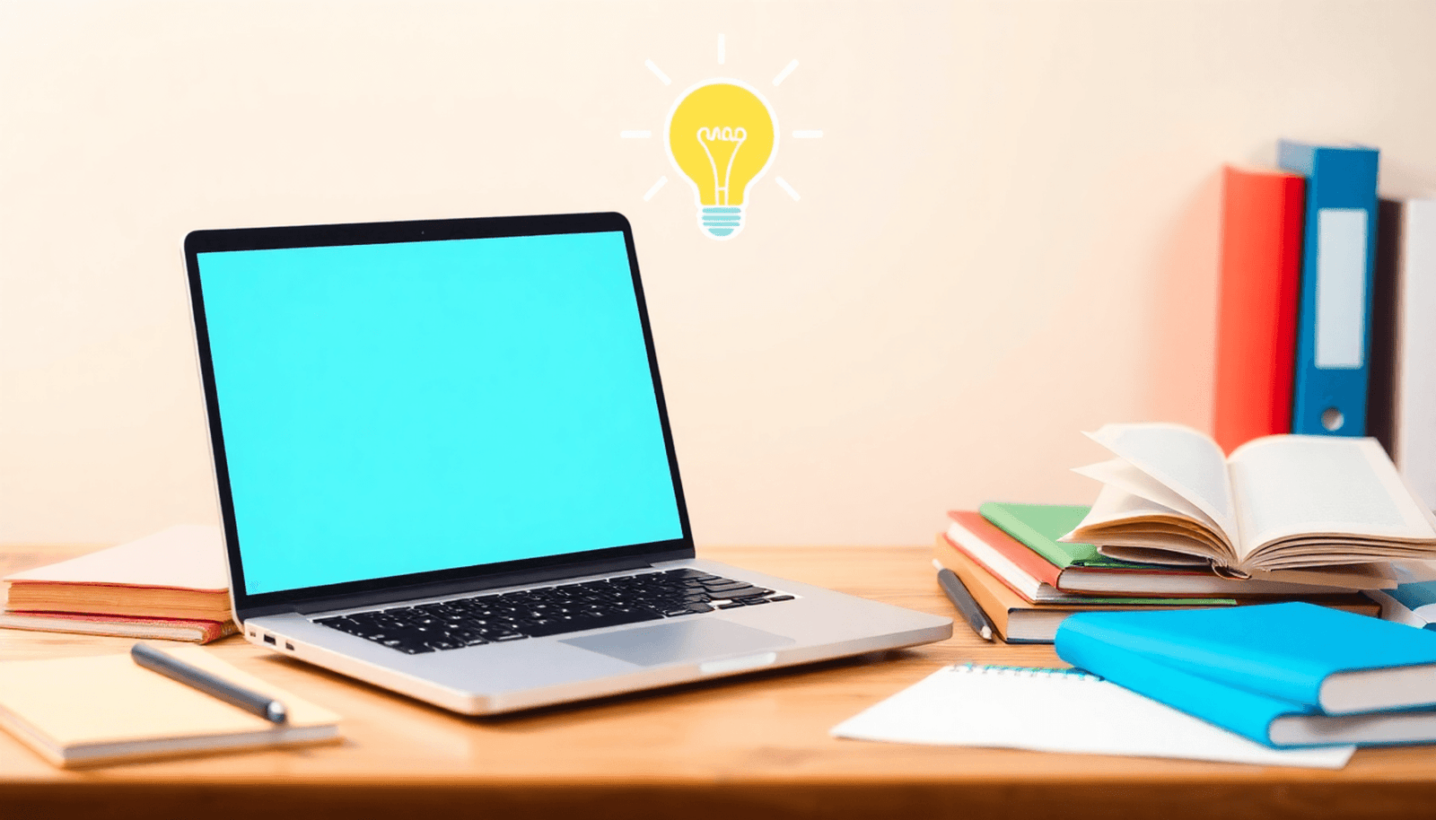 A laptop on a desk surrounded by books and notepads, with a lightbulb above, set in a bright, inviting minimalist space for online learning.