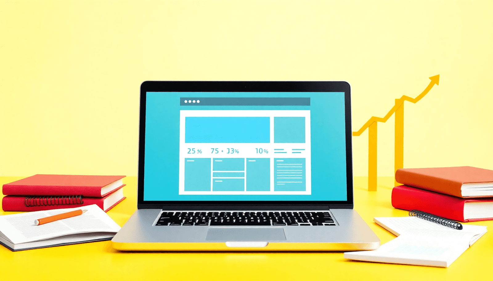 A laptop displaying an online course platform, surrounded by books and notebooks, with upward arrows symbolizing growth, all set against a bright and inspiring