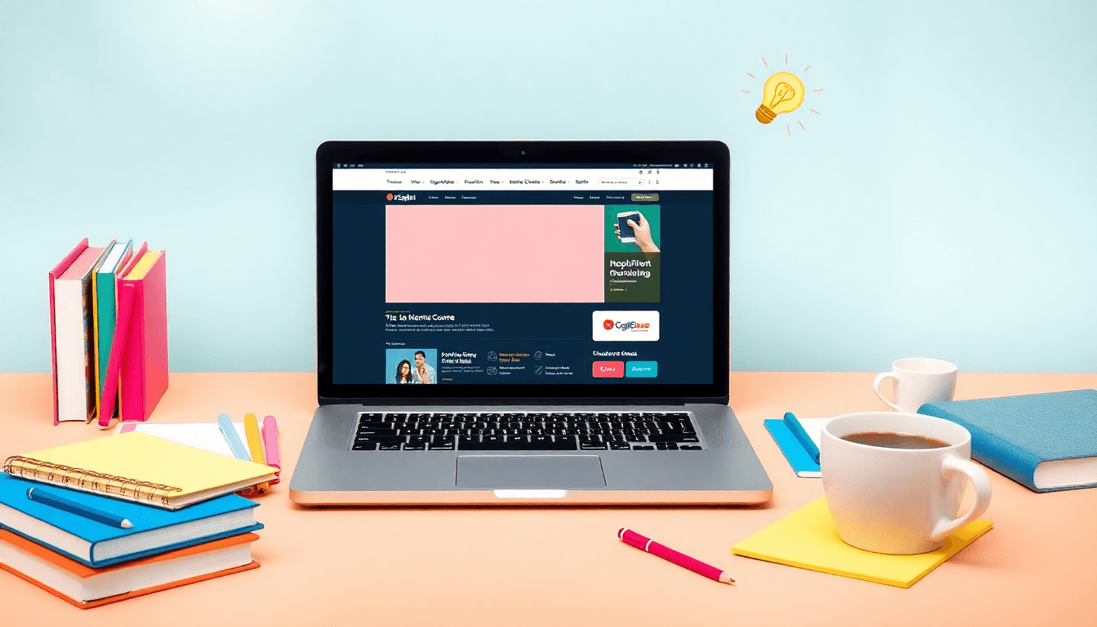 A laptop showing an online course platform surrounded by colorful stationery, books, a light bulb, and a coffee cup on a bright, inviting background.
