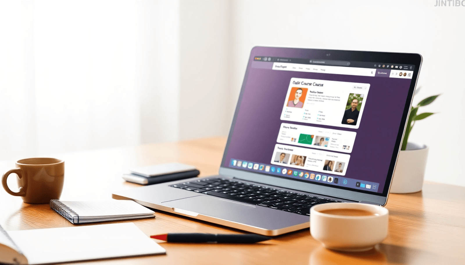 A minimalist desk scene with a laptop displaying an online course platform, a notepad, pen, coffee cup, and a plant, creating a warm atmosphere for online educa