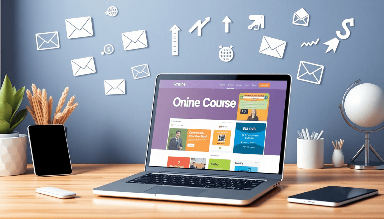 A laptop showing an online course platform, surrounded by email icons, upward arrows, and dollar signs in a vibrant digital workspace.