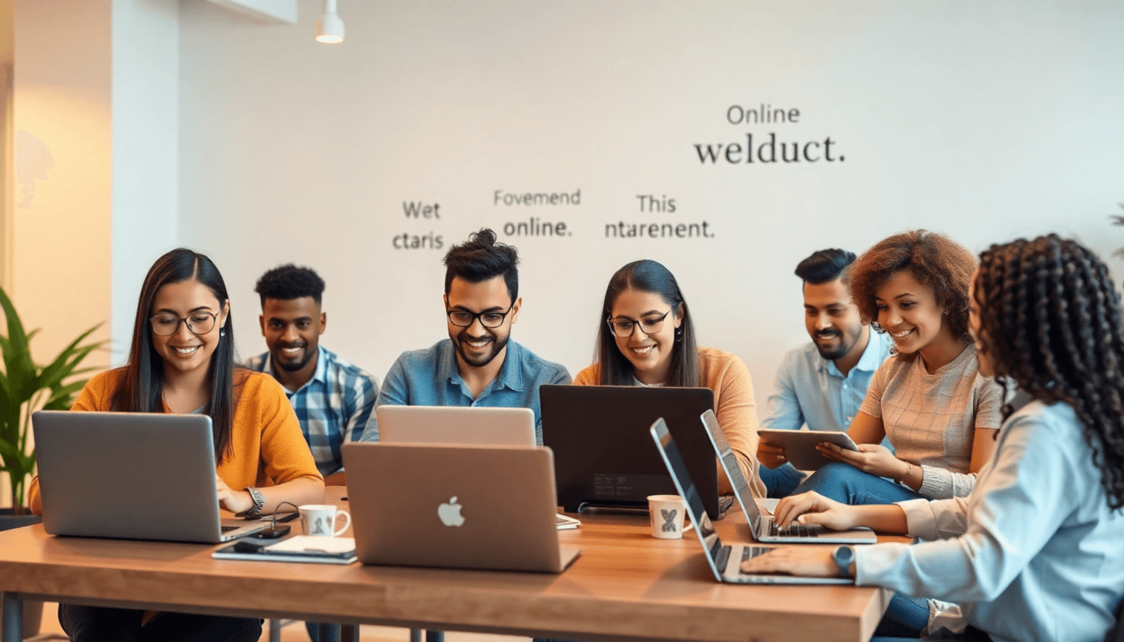 A diverse group of entrepreneurs collaborates in a modern workspace, using laptops and notebooks amid inspiring quotes and digital devices, embodying innovation