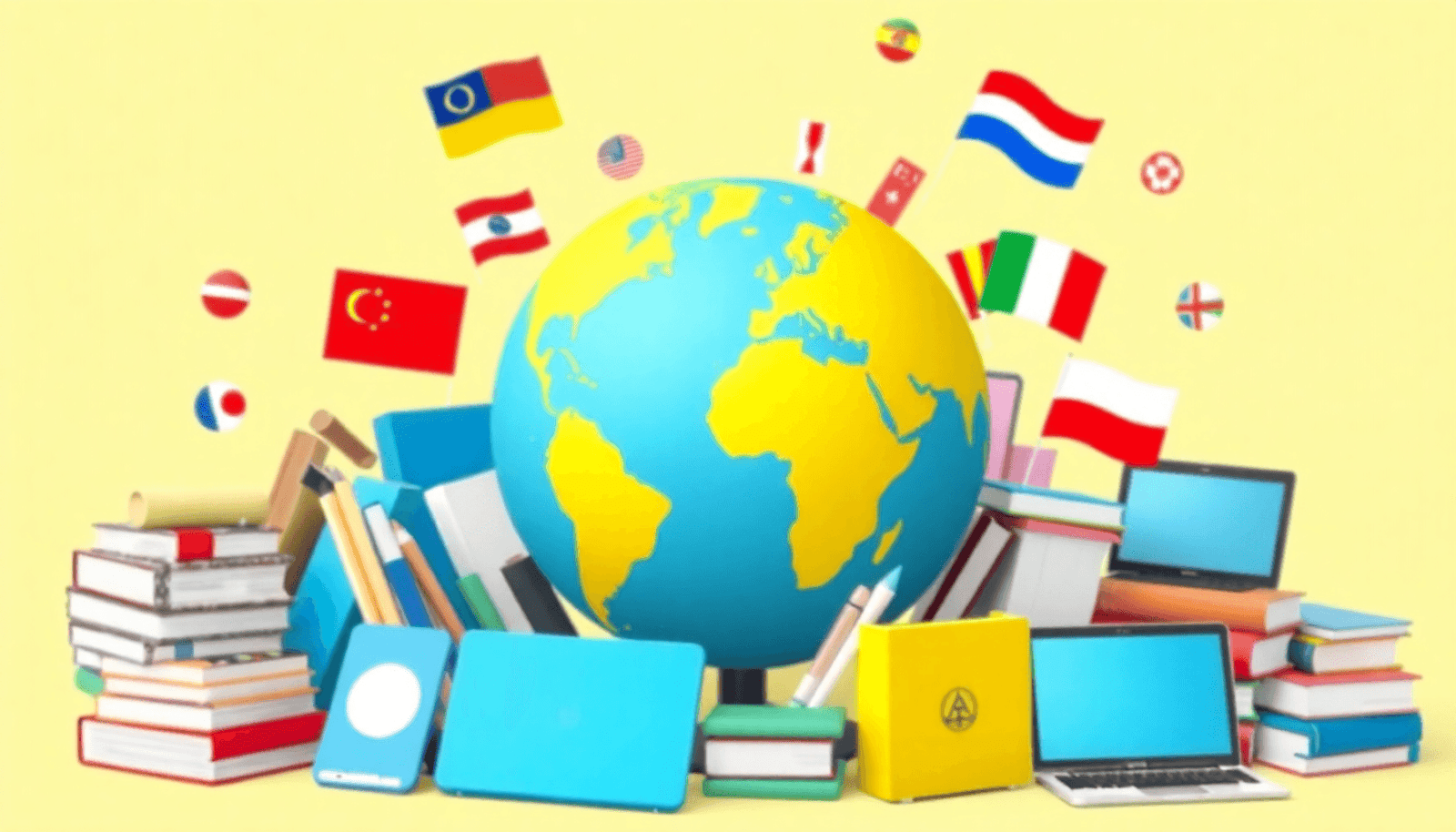 A minimalist globe surrounded by books, laptops, and digital devices, featuring various flags and symbols of online learning like video icons and course certifi