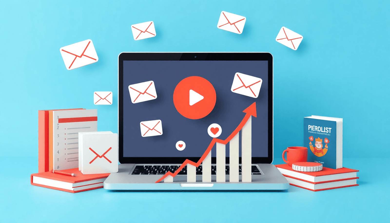 Laptop surrounded by email icons, e-books, video play buttons, and course materials around a rising email list graph in a realistic digital marketing scene.