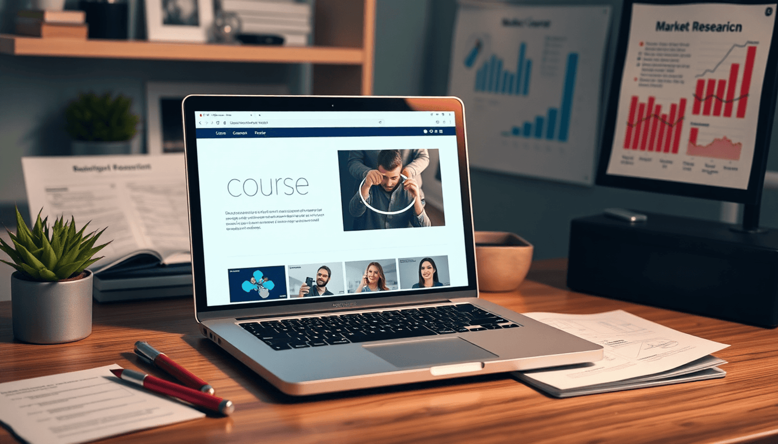 A modern workspace with a laptop showing online course content, surrounded by notes and market research charts.
