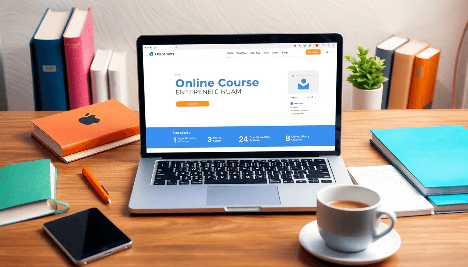 A laptop on a desk displays an online course platform, surrounded by books, a notepad, and a coffee cup, creating a modern workspace for online learning.