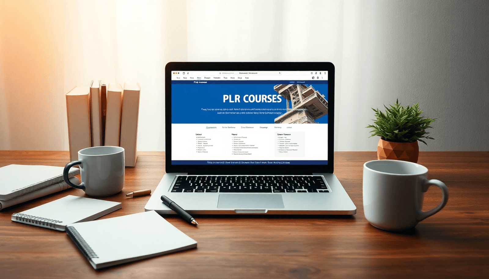 A laptop showing a PLR course interface, surrounded by notepads and coffee cups in a warm, minimalist workspace, symbolizing entrepreneurship and digital learni