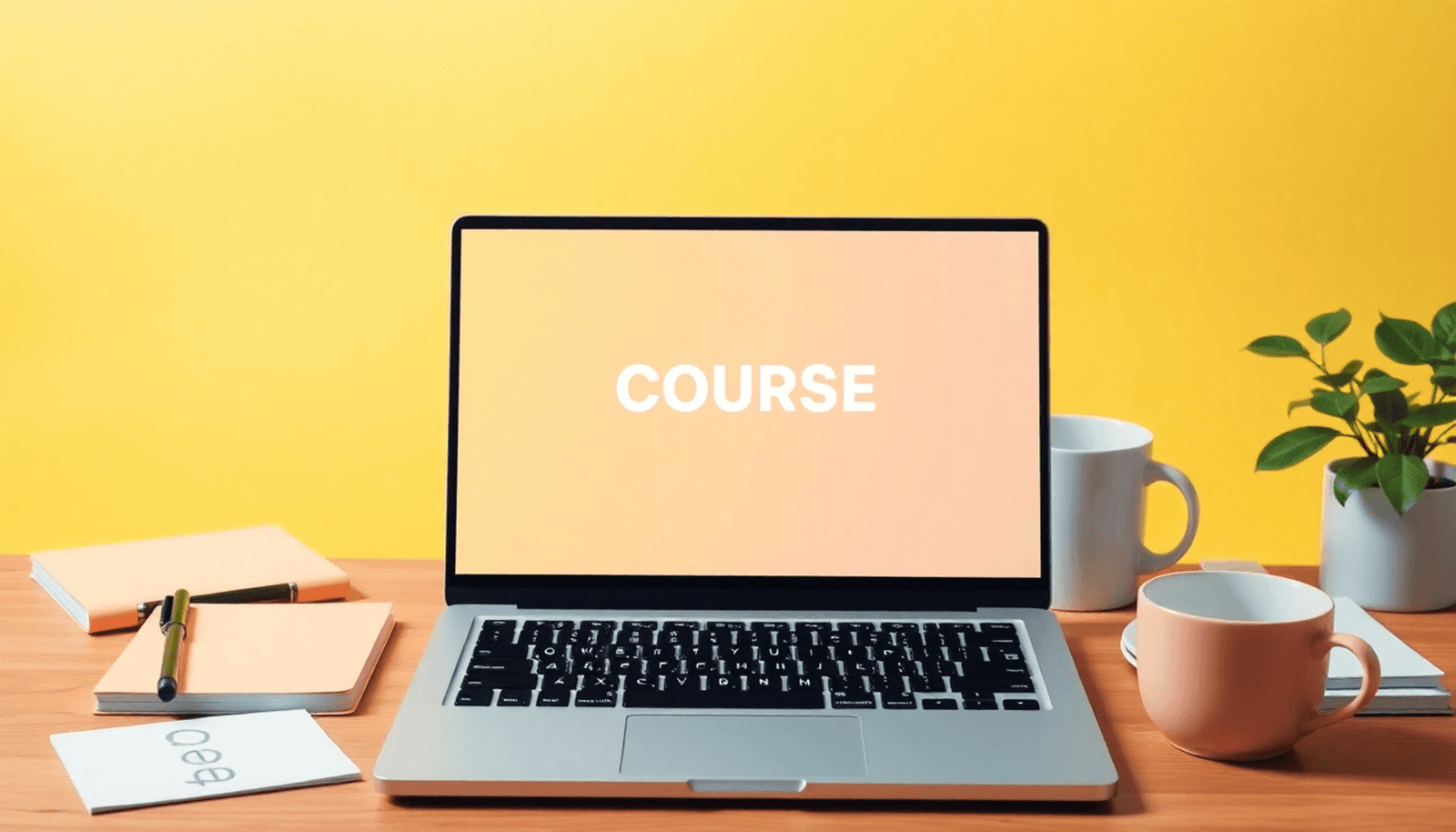A laptop displaying an online course platform, surrounded by notepads, a coffee cup, and a plant, set against a bright, inviting background.