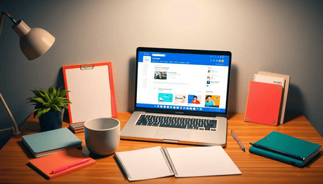 A laptop on a desk with notebooks, stationery, a coffee mug, and a plant, displaying an open course platform interface in a bright, cheerful, minimalist style.