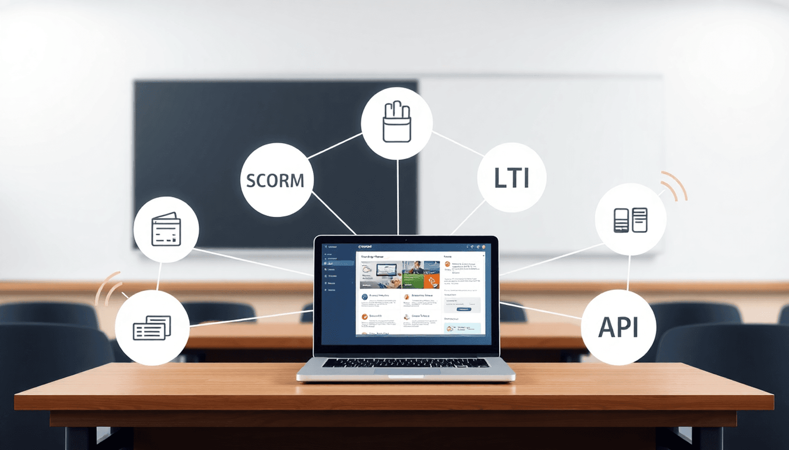 Laptop showing eLearning content with SCORM, LTI, and API icons connected by network lines in a minimalist digital classroom setting.