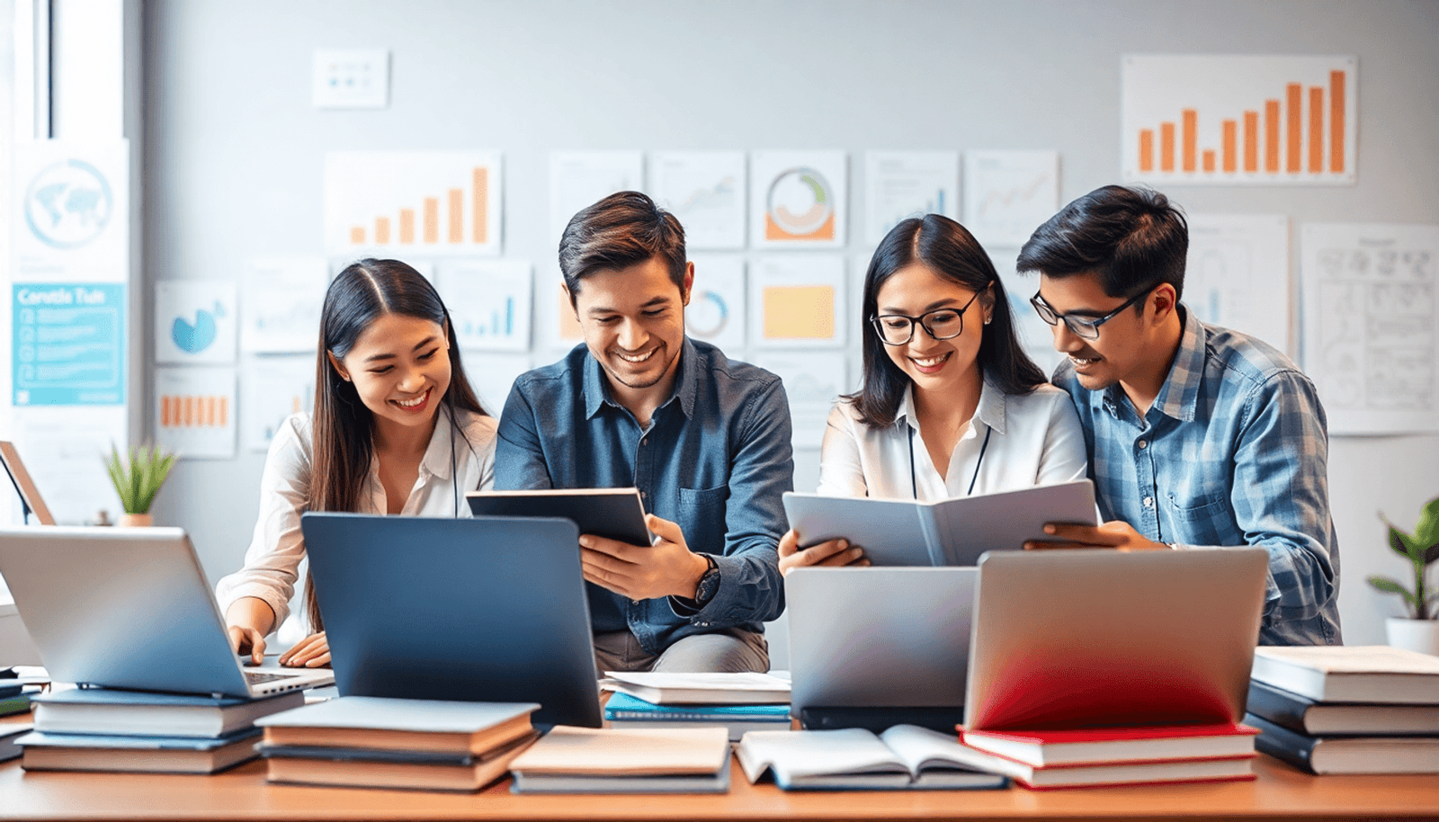 A diverse group of educators collaborating over laptops and digital devices, surrounded by books and charts, in a minimalist digital classroom setting.