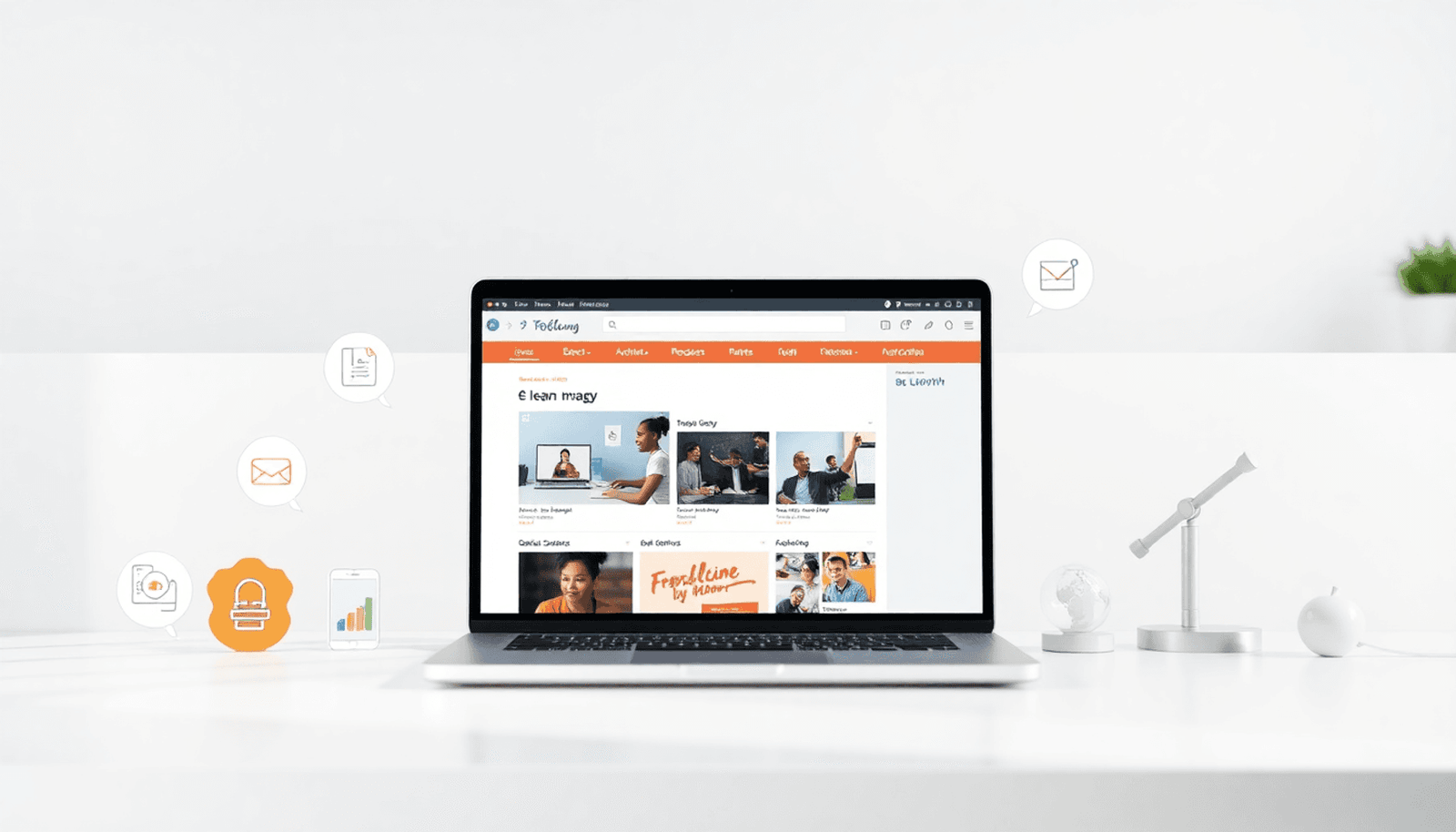 Laptop showing e-learning platform with course thumbnails, surrounded by icons for subscription, education, and growth on a bright, clean background.