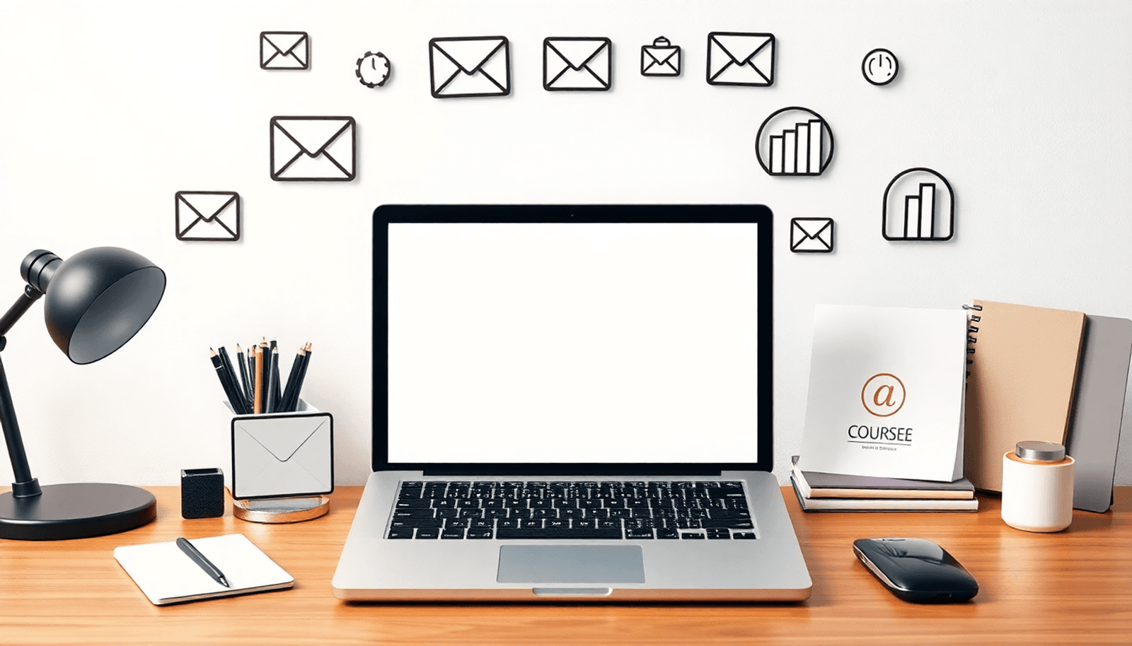 A laptop on a desk with digital marketing symbols like email icons and course materials, set against a bright, inviting background in a minimalist style.