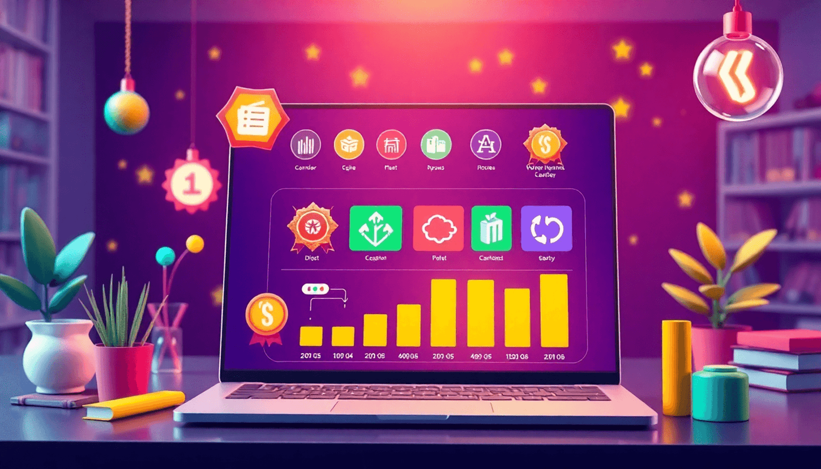 A vibrant digital learning platform interface with colorful badges, points, and progress bars showcasing engagement and motivation in online education.