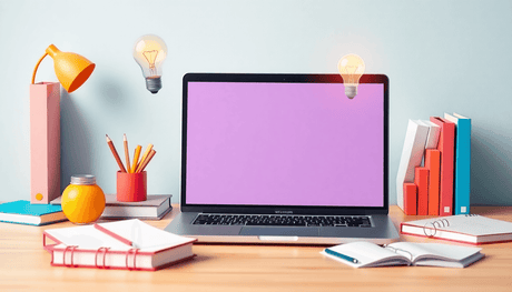 A laptop on a desk surrounded by books and notepads, with a light bulb and growth graph, symbolizing online learning and innovation in a bright, minimalist styl