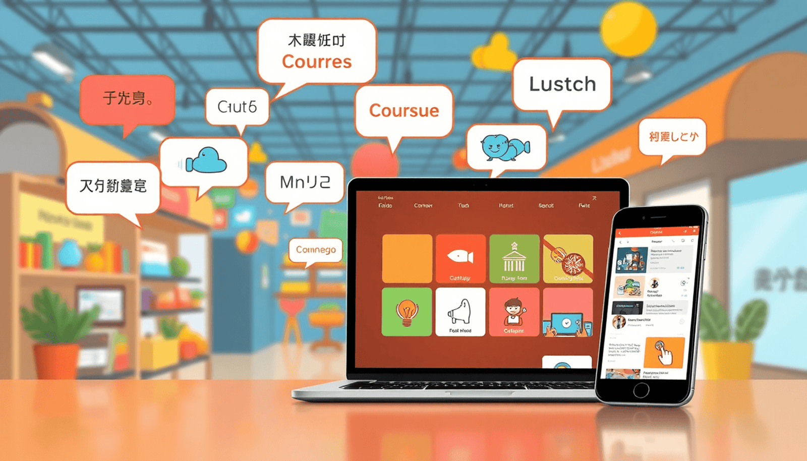 A vibrant digital marketplace with course icons, multilingual text bubbles, a modern laptop, and smartphone showing educational content.