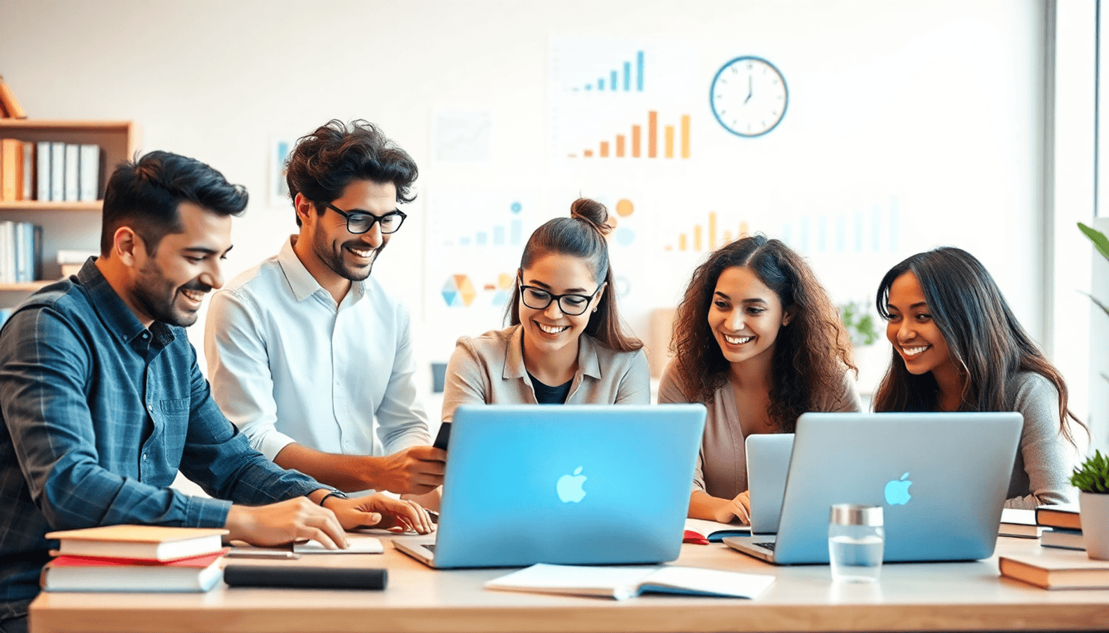 A diverse group of people gathered around laptops in a bright, modern workspace, collaborating on online courses with educational elements in the background.