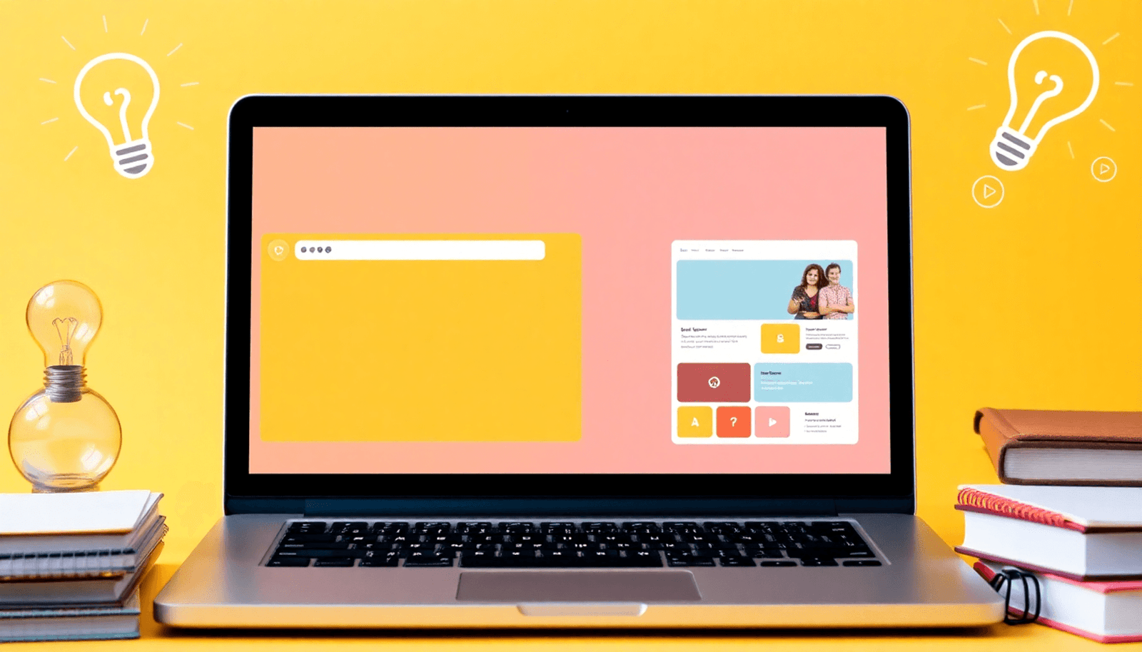 A laptop displaying online course platforms, surrounded by books and notebooks, with lightbulb and question mark symbols, set against a bright, inviting backgro