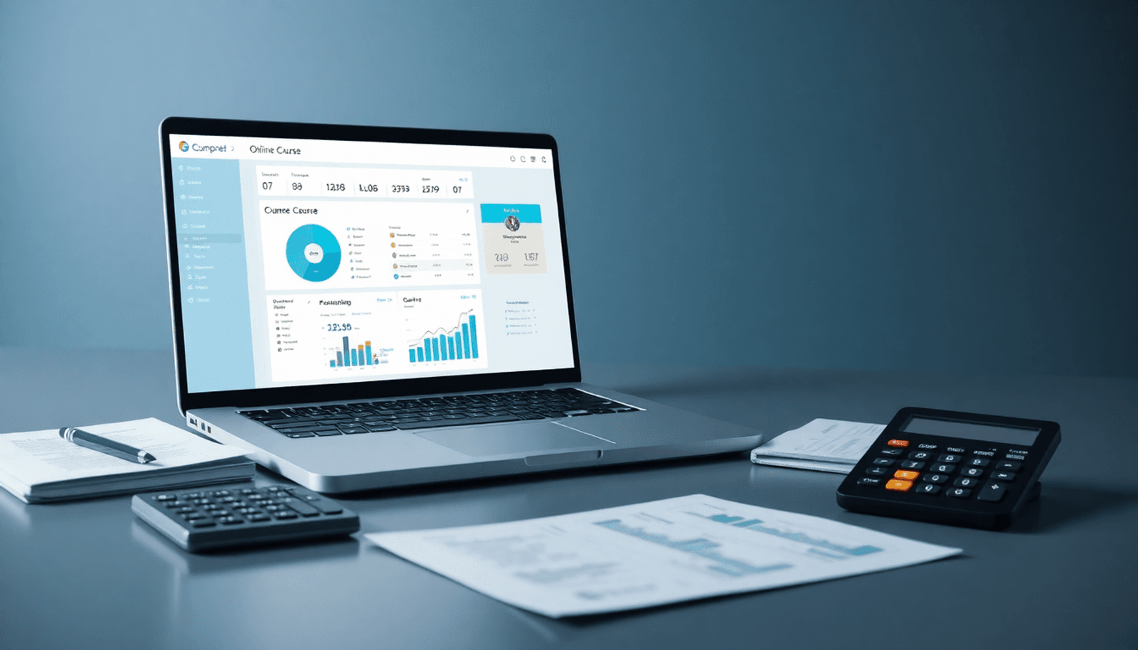 A laptop with an online course dashboard on screen, surrounded by notes, a calculator, and financial charts on a modern workspace.