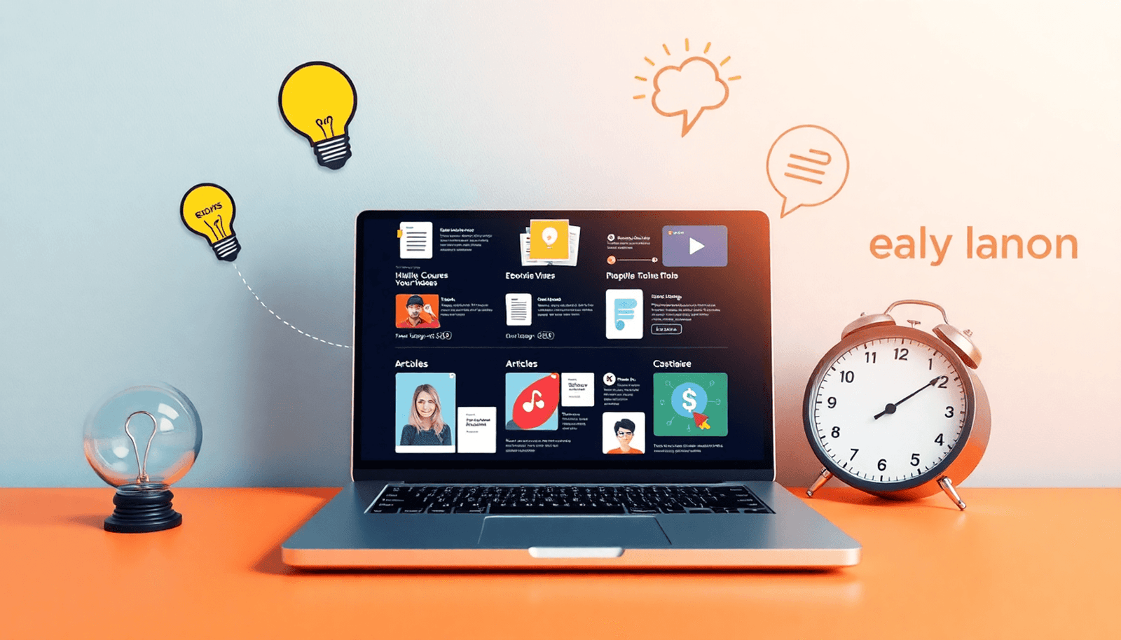 A laptop displaying digital course materials, surrounded by entrepreneurship symbols like a light bulb, clock, and branding logo, set against a soft-colored min