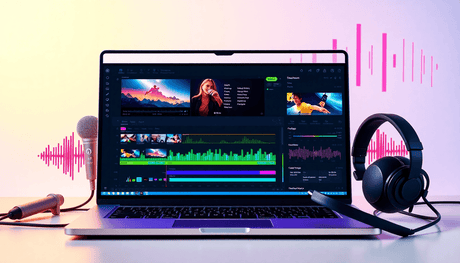 A laptop displaying video editing software with colorful clips and soundwave graphics, accompanied by a microphone and headphones, set against a bright minimali