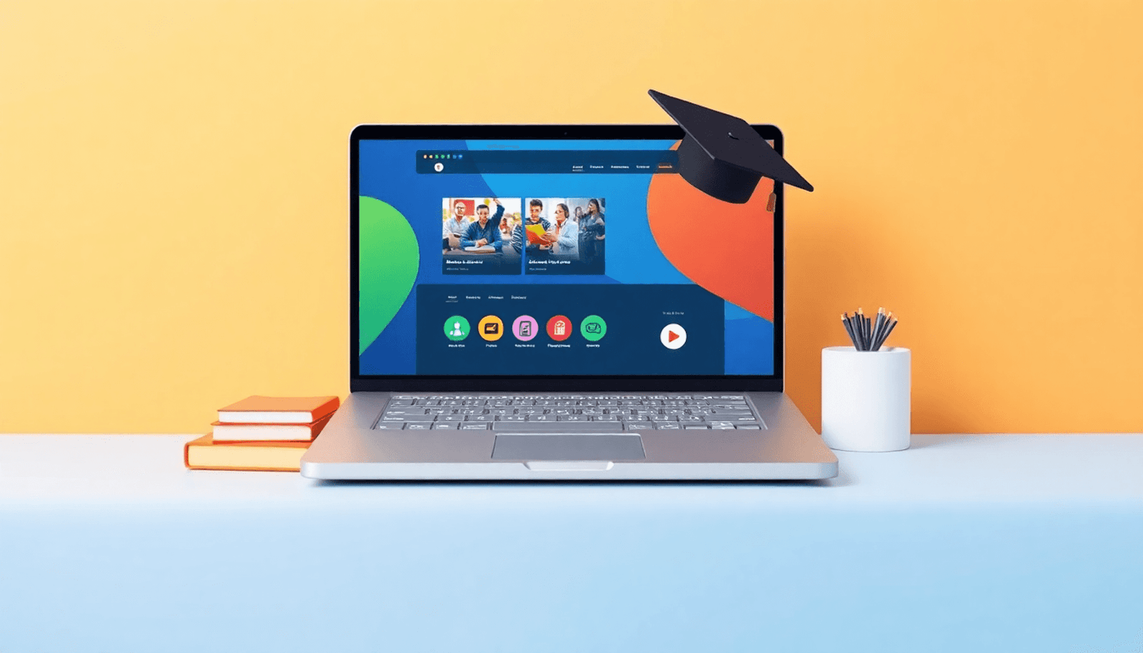 A laptop screen displays a colorful online course interface surrounded by symbols of education like books and a graduation cap, set against a bright, abstract b