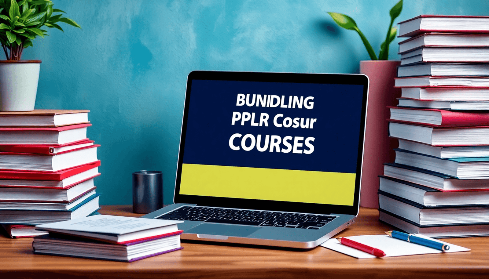 A laptop showing online course content surrounded by stacked books and notes in a bright, organized digital workspace.