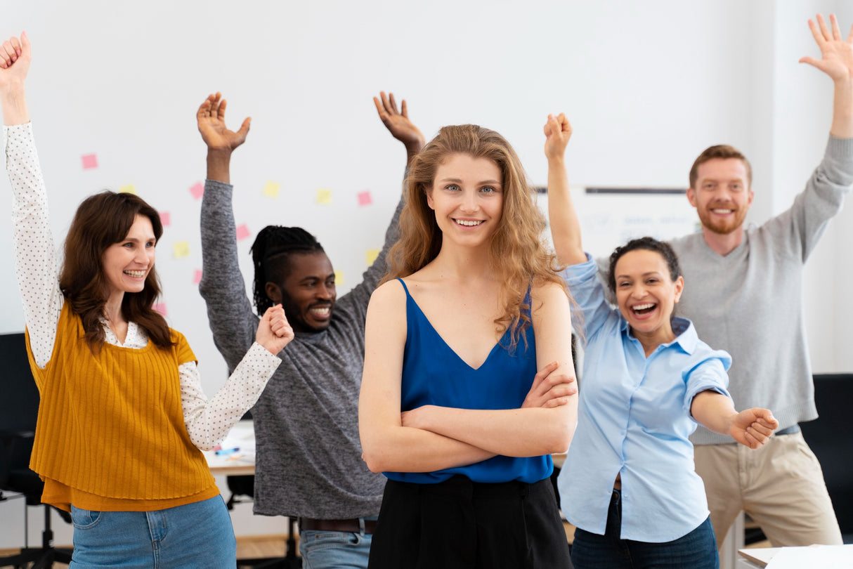 Team celebrating leadership growth inspired by "Mastering AI in Leadership: Strategies, Ethics, & Innovation."